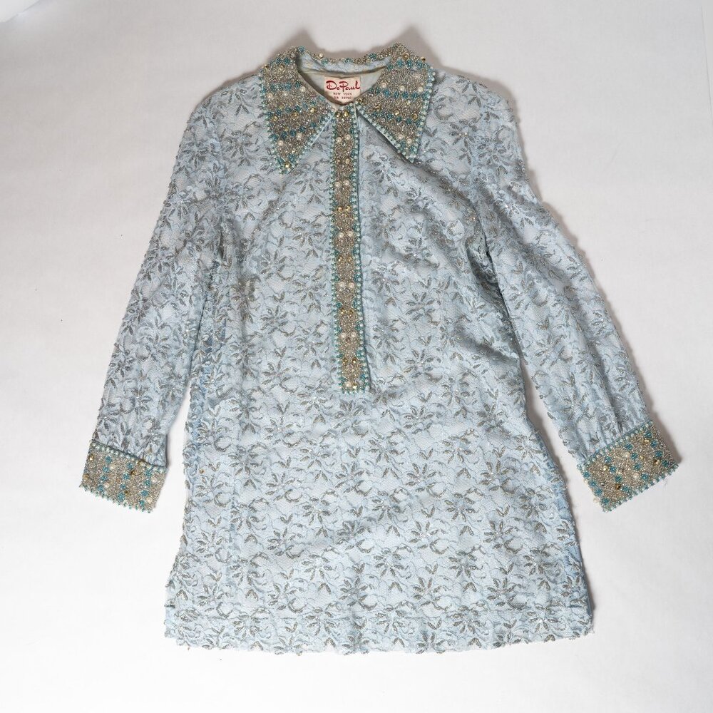 Vintage 1960s Beaded Baby Blue Lace Overlay Mini Dress